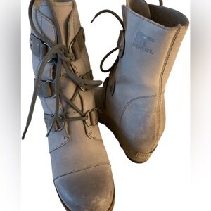 Sorel Women's Joan of Arctic gray leather canvas midge wedge boots 7.5